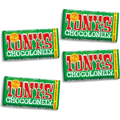 Afbeelding van Tony&#039;s Chocolonely Melk Hazelnoot Chocolade Reep 4 x 180 gram