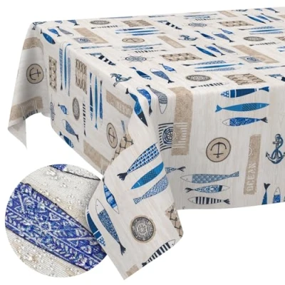 Afbeelding van ANRO Tafelkleed, tafellinnen, textiel, tafelzeil, katoen, polyester, afwasbaar, onderhoudsvriendelijk, rond, ovaal, rechthoekig, maritiem, snijrand, 100 x 140 cm