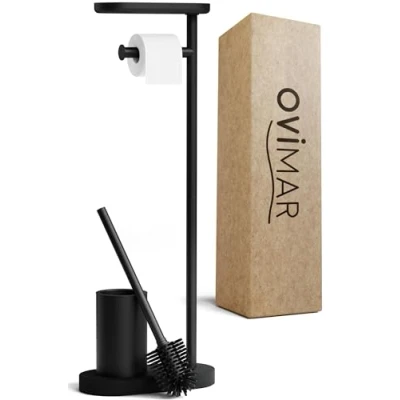 Afbeelding van ovimar Lagemade Brosse WC 3 en 1 avec tête de Silicone, Porte Rouleau Papier Toilette et étagère pour Smartphone Très Peu encombrant Élégant Organisateur Salle Bain Acier