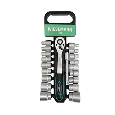Afbeelding van Dopsleutel set 20 delig met 1/2&quot; ratel, 8mm 32mm zeskant bit verwisselbare doppen en verlengstuk 125mm van chroom vanadium staal houder WIESEMANN 1893 I 80041