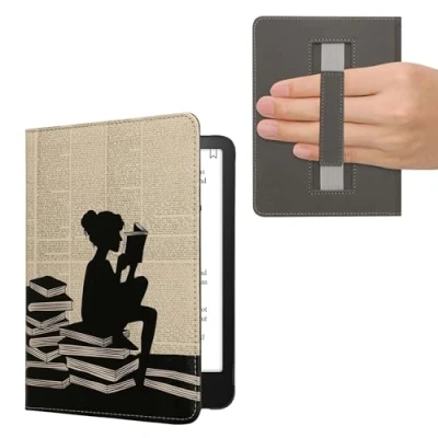 Afbeelding van kwmobile E reader hoesje geschikt voor Amazon Kindle Paperwhite (12. Gen 2024)/Kindle Colorsoft hoes flip case met magneetsluiting Ereader cover Meisje boeken design in zwart / beige