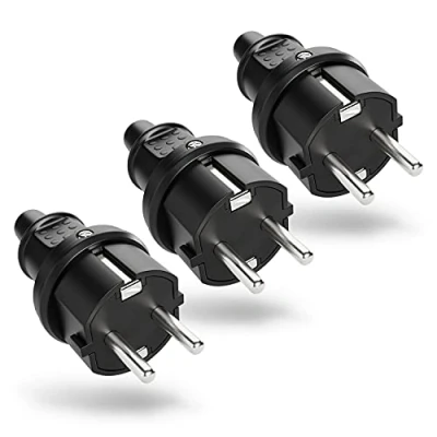 Afbeelding van ABSINA Schuko stekkers voor buiten, 3 stuks , met knikbescherming, veiligheidsstekker van rubber en trekontlasting, 2 polig, 230 V, 16 A 3,7 kW, IP44 geaarde stekker zwart, stekker, V