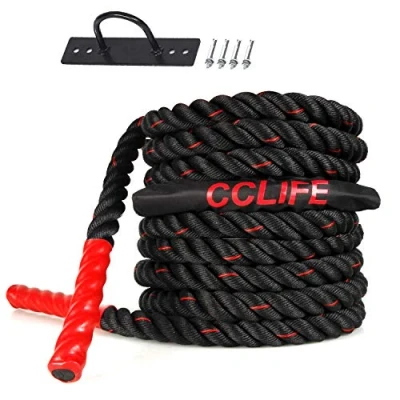 Afbeelding van CCLIFE Battle Ropes fitness oefening Rope krachttraining touw Poly Dacron Undulation Anker meegeleverd 9/12/15M, Size:12m black red ropes. with Anchor
