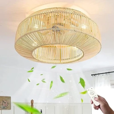 Afbeelding van E27 Plafondventilator met Licht en Afstandsbediening Retro Stille Ventilator Plafondlamp Vintage Rotan Bamboe Slaapkamerlamp Industriële fan Plafondverlichting voor Woonkamer Eetkamer Ventilatorlicht