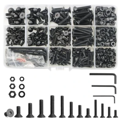 Afbeelding van 747 stuks bijpassende moeren en bouten (M3/M4/M5), zeshoekige platte kop met sluitringen, machineschroeven van roestvrij staal sleutel, inbussleutelbouten, gemengd assortiment (zwart)