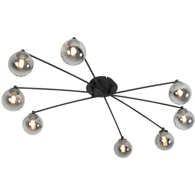 Afbeelding van QAZQA Moderne plafondlamp zwart 8 lichts met smoke glas Athens