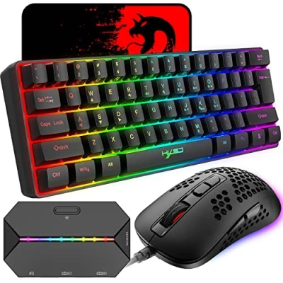 Afbeelding van 60% bekabeld compact gaming toetsenbord 61 toetsen 11 RGB achtergrondverlichting volledige anti ghosting + bedrade lichtgewicht gamingmuis 2400DPI honingraat optische muis converteradapter voor PS4/Xbox gamers