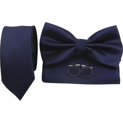 Afbeelding van Sorprese Stropdas Set Ruit Donker Blauw Smal inclusief strik pochet en manchetknopen stropdassen voor heren vlinderdas Cadeau