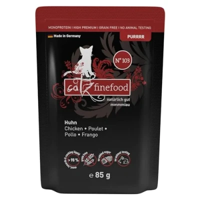 Afbeelding van catz finefood Purrrrr N 103 Kip kattenvoer nat Gourmet natvoer voor je kat zonder suiker en granen, glutenvrij monoproteïne met een hoog vleesgehalte (zak van 24 x 85 g)