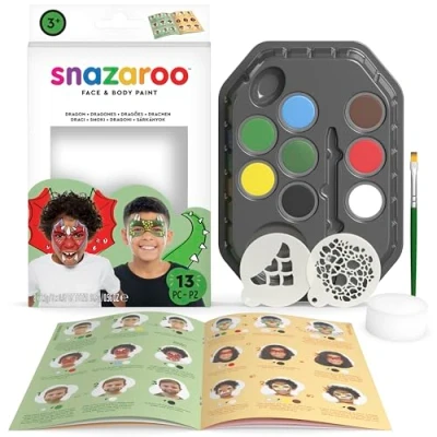 Afbeelding van Snazaroo 1172182 &quot;Dragon&quot; make up set, huidvriendelijke gezichtsmake op waterbasis 7 kleuren, 1 kwast, spons, 2 sjablonen