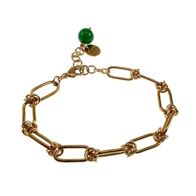 Afbeelding van Armband Dames Verguld RVS Paperclip Schakelsarmband met Donkergroen Jadesteen Verstelbaar 15cm tot 19cm