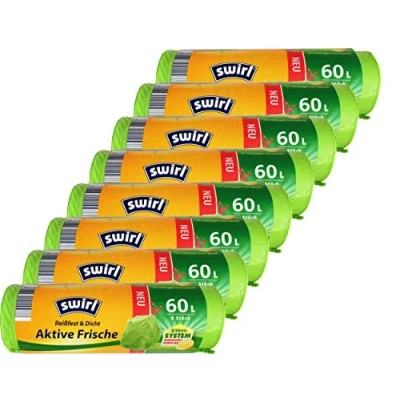 Afbeelding van 8x Swirl actieve verse vuilniszakken 60 l met trekkoord, groen (8 rollen x 8 zakken/rol = 64 zakken)
