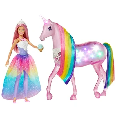 Afbeelding van Barbie GWM78 Dreamtopia magisch licht eenhoorn met aanraakfunctie, en geluid, poppenspeelgoed poppenaccessoires vanaf 3 jaar, gereduceerde verpakking