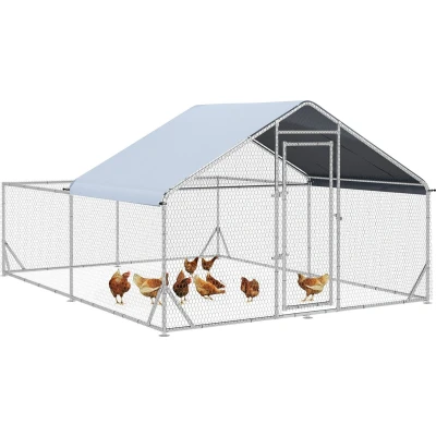 Afbeelding van PawHut vrijloop kippenhok 400x300x195cm kippenren met zonnescherm luifel slot pluimveehok voor kippen konijnen staal zilver