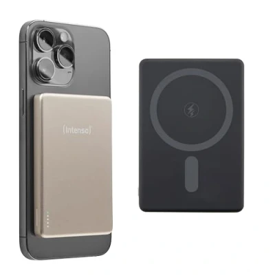 Afbeelding van Intenso MW5000 Magnetische powerbank 5000 mAh compatibel met MagSafe, draadloos opladen 15 W, USB C PD 20 plat en compact getest in Duitsland champagne