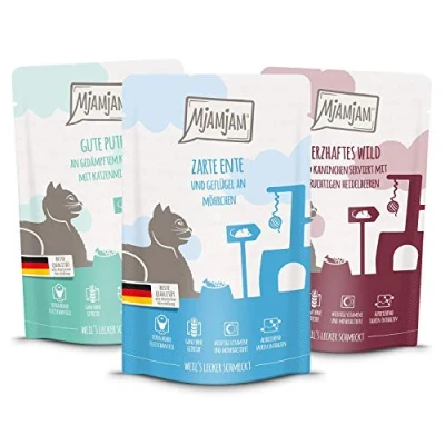 Afbeelding van MjAMjAM premium natvoer voor katten Gemengd pakket II 4* wild &amp; konijn, kalkoen, eend gevogelte, pak van 12 (12 x 125 g), graanvrij met extra vlees