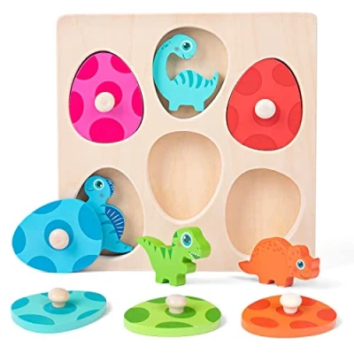 Afbeelding van houten puzzel vanaf 1 jaar, Montessori speelgoed, dino eieren voor 12 36 maanden, meisjes en jongens, grijppuzzel, motoriekspeelgoed, sorteerspel, geboortedag, Kerstmis, Pasen, cadeau (dino