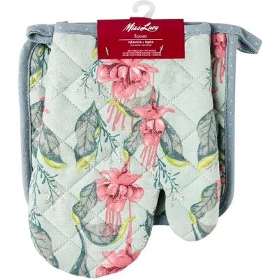 Afbeelding van Miss Lucy Flower set van 2 ovenwanten Ovenhandschoenen Pan lap Keuken textiel Keukenhandschoen Groen