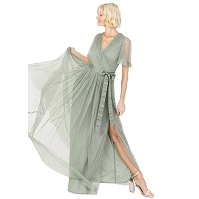Afbeelding van Anaya with Love Maxi jurk voor dames, V hals, korte mouwen, ruches, lange Empire taille bruiloftsgast, bruidsmeisje, Frosted Groen, 40