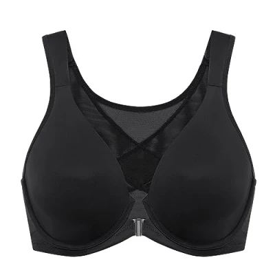 Afbeelding van DELIMIRA dames bh met voorsluiting grote maten postuurcorrectie naadloze bh&#039;s beugel Tshirt diep decolleté zwart 105D