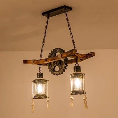 Afbeelding van Hout Antieke Hanglamp Vintage E27 Eettafel Eetkamer Kroonluchter Industriële Metalen Retro Rustiek Landhuis Slaapkamer Woonkamer Plafondverlichting 2 Vlammen