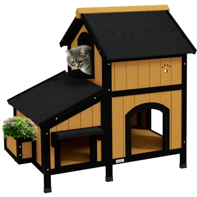 Afbeelding van PawHut Kattenhuis Houten Kattenhut met Meerdere Ingangen 2 Verdiepingen Kattenhol voor Buiten Kleindierhuis Asfaltdak Bloembak Winterbestendig Verhoogd Ontwerp Geel
