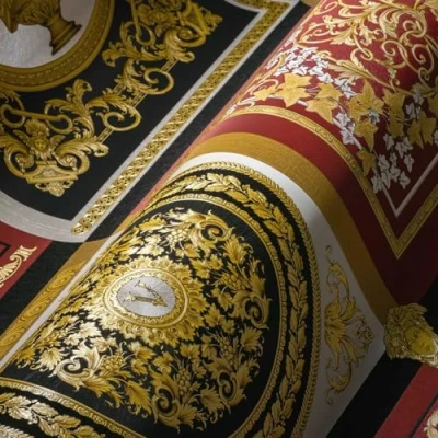 Afbeelding van &quot;MEDUSA HOOFD&quot; SATIJN GLANZEND BAROK BEHANG Design rood goud wit zwart A.S. Création Versace 5