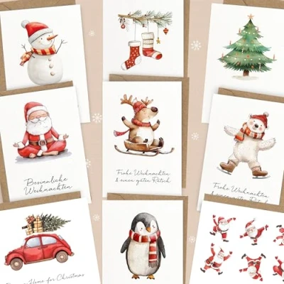 Afbeelding van LOViLEE 10 x kerstkaarten incl. extra enveloppen en stickers in cadeauset hoogwaardige vouwkaarten voor Kerstmis met envelop set premium kwaliteit Classic Aquarel