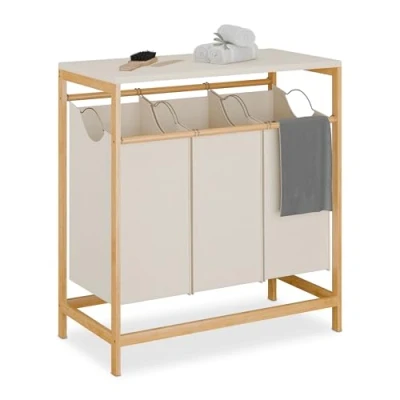 Afbeelding van wasmand met 3 vakken opklapbare plank 84,5 x 78,5 40 cm bamboe