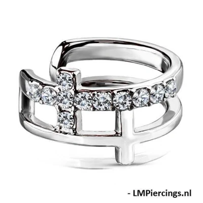 Afbeelding van Fake piercing double cross CZ paved