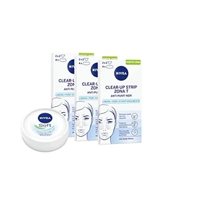 Afbeelding van NIVEA Clear Up Strips Zona T Zwarte stippen in een verpakking met 3 x 6 pleisters, anti onvolkomenheden gezichtspleisters, gratis Soft Mini 110 g