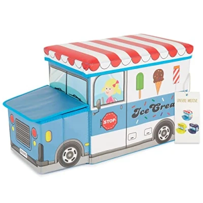 Afbeelding van Bieco Opbergdoos voor kinderen, Icecream, opvouwbaar, zitkruk met zitgelegenheid en bekleding, speelgoedkist opbergruimte, zitkist, jongens meisjes, 46 l, belastbaar tot 80 kg, geel