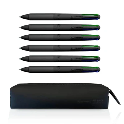 Afbeelding van OSAMA, 4 Multi set zwarte pennen kleuren, 6 stuks + klein etui veelkleurige balpen, 1,0 mm, met inkt, blauw, rood en groen, gekleurde voor schrijfwaren