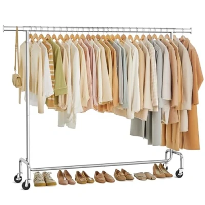 Afbeelding van SONGMICS Kledingrek op wielen, Garderoberek, Zware uitvoering, Uitschuifbare kledingstang, Draagvermogen tot 110 kg, 45 x (160 200) 162,9 cm, Metaal, Verchroomd, Zilver HSR176E01
