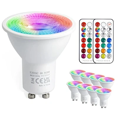 Afbeelding van VARICART GU10 6W LED Lamp, RGB + Warmwit 3000K, Dimbaar 12 Kleurwisselend 5 Modi, Ingebouwd Geheugen met Afstandsbediening, 35W 50W Equiv. Spotlight voor Alledaagse en Sfeerverlichting (Pak van 8)