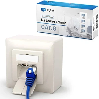 Afbeelding van hb digital 1 x CAT 6 netwerkcontactdoos, LAN doos, universele aansluitdoos, 2 RJ45 poort, opbouw/inbouw afgeschermd EIA/TIA 568A &amp;B 8P8C, Gigabit Ethernet netwerk, zuiver wit
