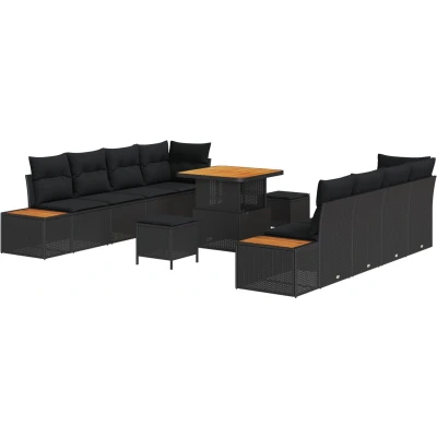 Afbeelding van vidaXL 11 delige tuinbankenset met kussens zwart poly rattan acacia