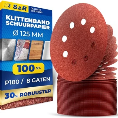 Afbeelding van S&amp;R Klittenband Schuurpapier 125 mm P180 Duurzame Schuurschijven met 8 Gaten voor Excentrische Schuurmachines en Materiaalverwijdering op Hout, Metaal, Kunststof, glas steen