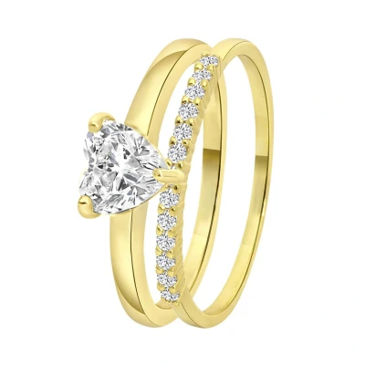 Afbeelding van Lucardi Dames Dubbele Ring met zirkonia hart Cadeau voor vrouwen Echt Zilver Goudkleurig