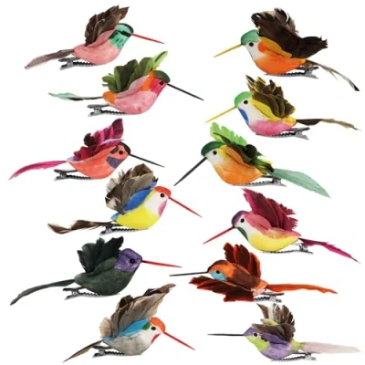Afbeelding van COM FOUR® 12x decoratieve kolibries kunstbloemvogels in kleurrijke designs kleine vogels met veren en metalen clip vogel ter decoratie (12 stuks Kolibrie)