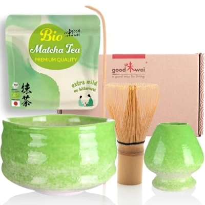 Afbeelding van Goodwei Matcha Set met BIO uit Japan artistieke kom, keramische bezemhouder, handgemaakte bamboe klopper en lepel Cadeauset Theeceremonie (Midori)