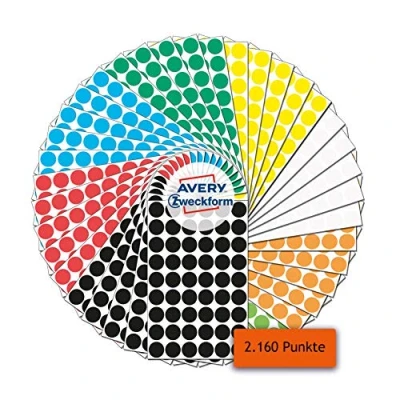 Afbeelding van AVERY Zweckform 59999 Zelfklevende markeringspunten, 2.160 stuks (diameter 12 mm, 8 kleuren met elk 270 kleefpunten op 5 vellen, kleurcodering, ronde stickers voor kalender, planner en om te