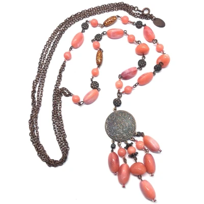 Afbeelding van Behave Lange ketting brons kleur roze zalm munt hanger 120 cm