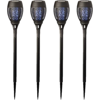 Afbeelding van 4x stuks solar tuinfakkel zwart met gekleurd vlameffect 49 cm Fakkels