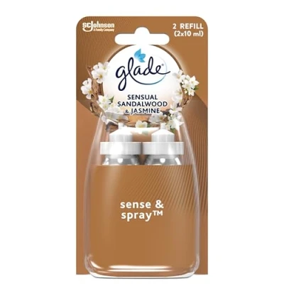 Afbeelding van Glade Sense &amp; Spray luchtverfrisser navulling, bewegingsgeactiveerde automatische kamerspray en geureliminator voor thuis, sandelhout jasmijn, duo pack (2 x 18 ml)