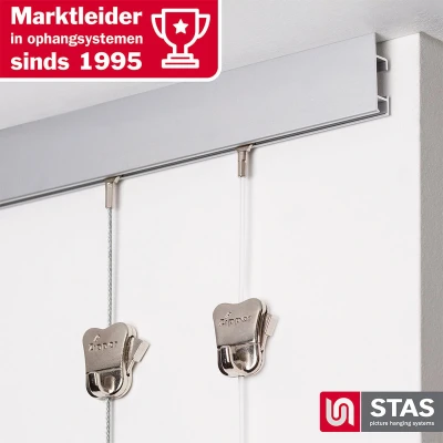 Afbeelding van STAS Schilderijrail Ophangsysteem Schilderijen / Fotolijsten Poster Ophangrails Zonder Boren Ophanghaak Ophangrek Schilderijrails Cliprail Max Aluminium 150 cm Complete Kit
