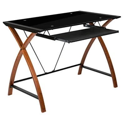 Afbeelding van Flash Furniture Glazen computerbureau met uittrekbare toetsenbordlade en kriskras frame, metaal, zwart, set van 1