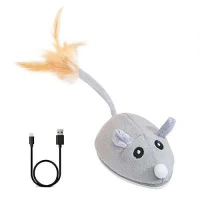 Afbeelding van DONGKER Interactief kattenmuisspeelgoed, elektrisch bewegend kattenspeelgoed, USB oplaadbare bewegingsgeactiveerde pluche bewegende muis kitten speelgoed met veren staart voor katten en