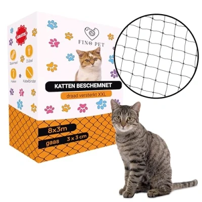 Afbeelding van FinoPet kattennet voor balkon, draadversterkt, 8 x 3 meter, inclusief bevestigingsmateriaal, kattenbeschermingsnet, kattenrooster, veiligheidsnet, balkonnet katten, zonder boren