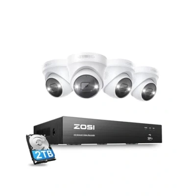 Afbeelding van ‎‎ZOSI 4K PoE Bewakingscamera Set, Outdoor Videobewakingssysteem met 8CH 2TB HDD NVR, 4X 8MP IP Camera&#039;s, Persoonsdetectie, wit Licht